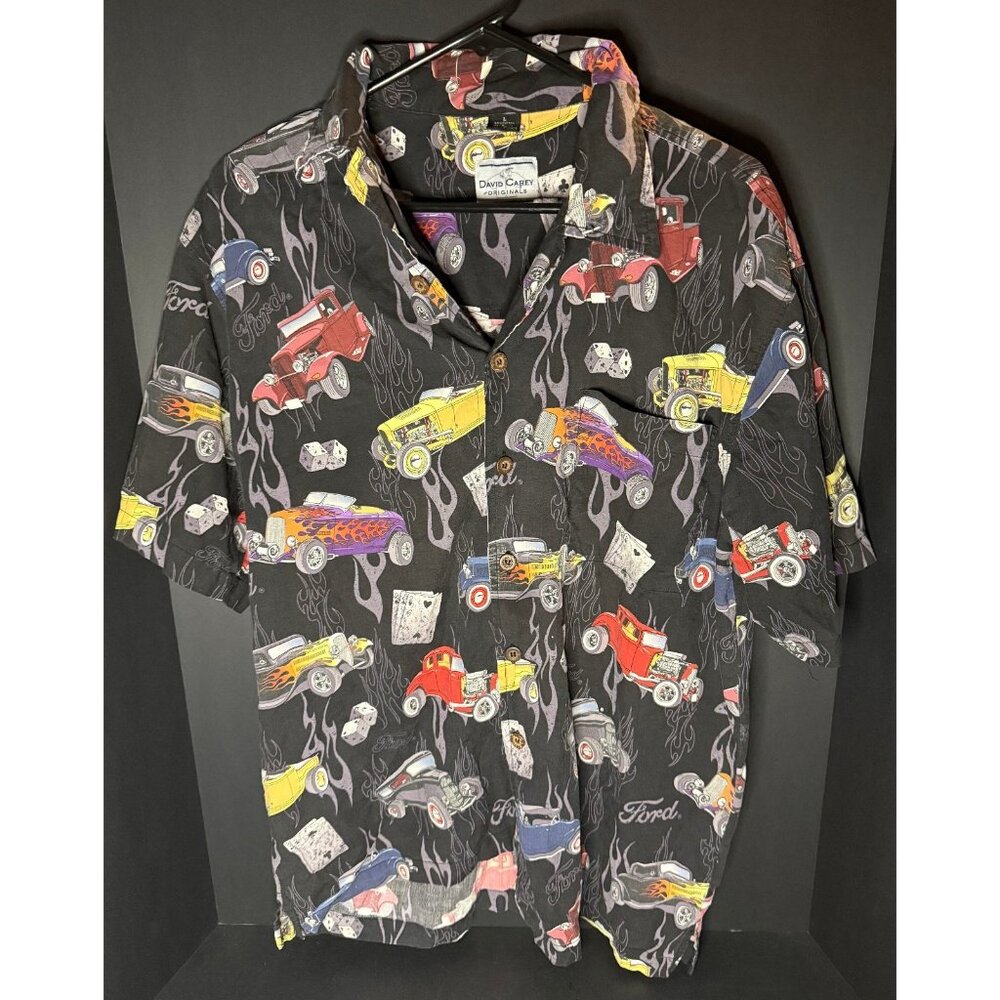 David Carey Black Ford Mustang Model T AOP Mens L Hawaiian Rayon Blend Shirt